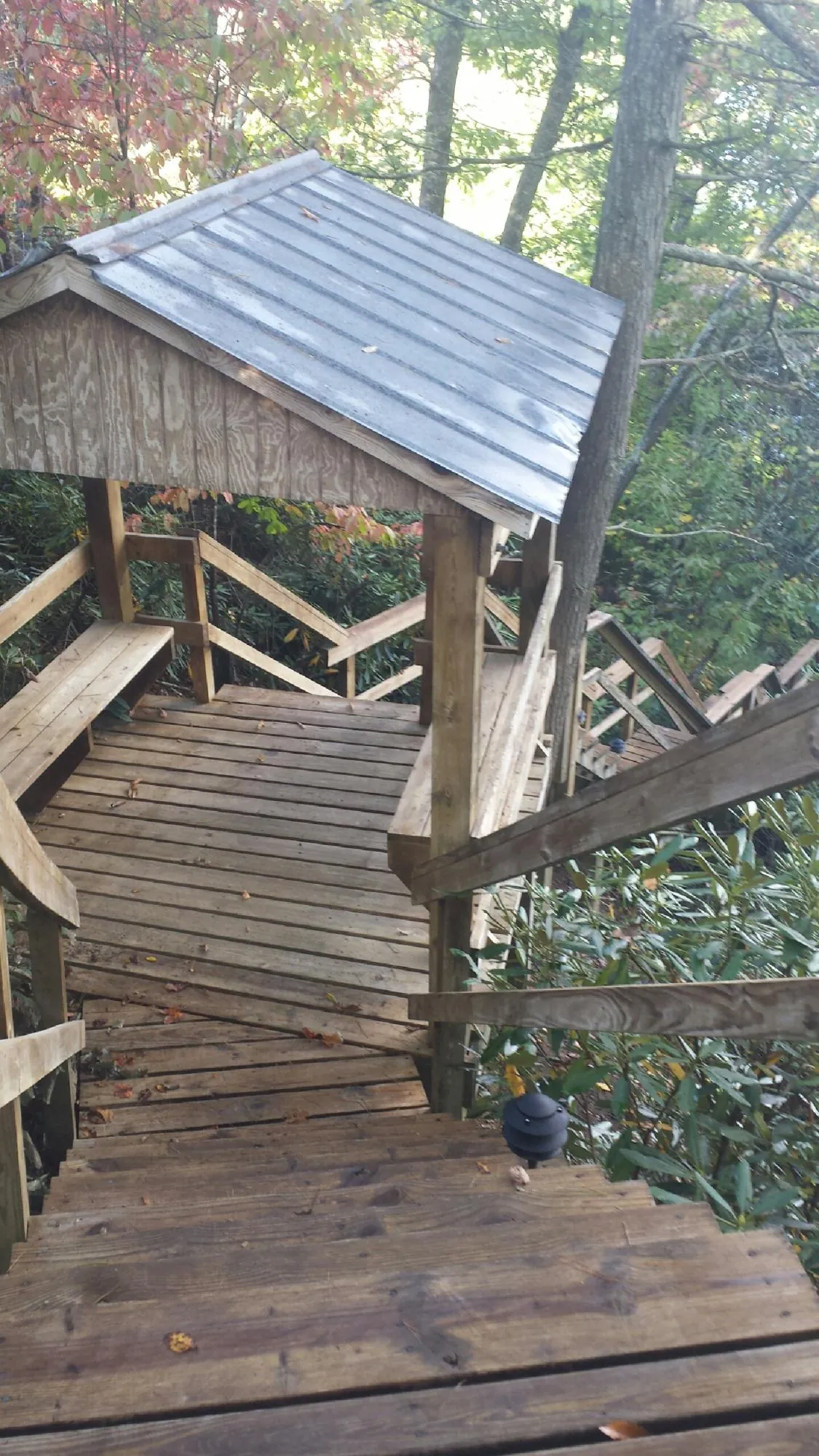 Metal roofed shelter over wooden steps on a wooded walkway in East Orleans